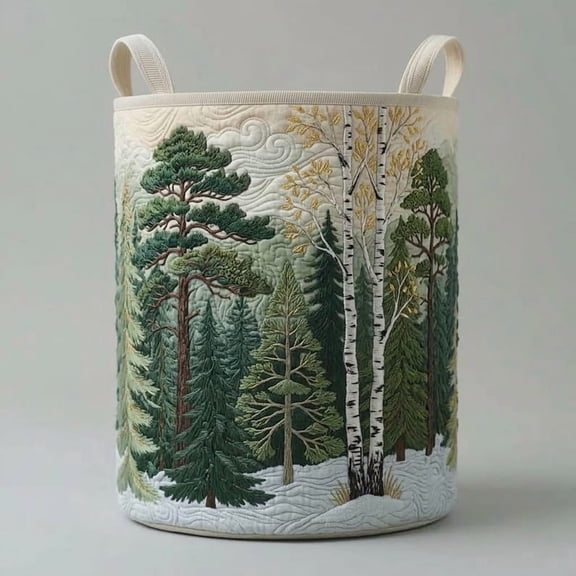 Pine Forest Quilted Laundry Basket: Foldable Oxford Cloth Storage Bin, Woodland Nature Hamper