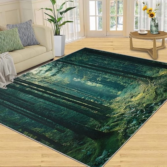 Pine Forest Rugs for Bedroom, Tropical Rainforest Area Rug, Forest Print Rugs for Living Room, Indoor Non-Slip Rug, Machine Washable Carpet for Front Entrance Floor Decor 5 x 7ft