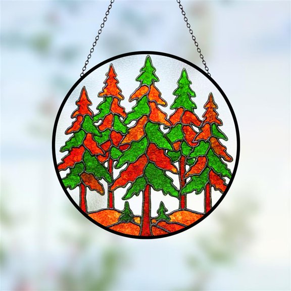 Pine Forest Stained Glass Suncatcher - Evergreen Trees Nature Window Hanging - Winter Christmas Woodland Home Decor