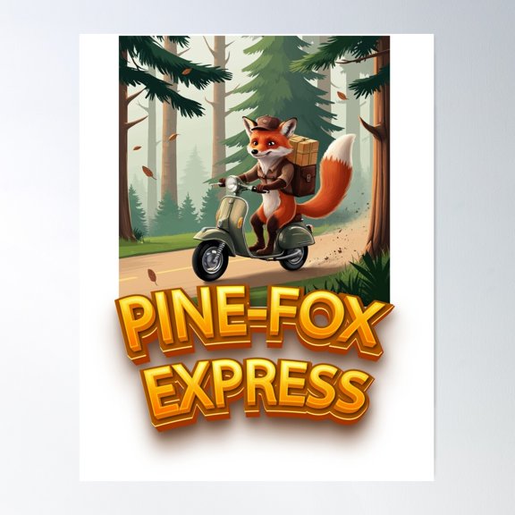 Pine-Fox Express: Fox Delivering Package On Scooter Poster Wall Art, Modern Wall Decor For Living Room Bedroom, 8x12 UNFRAMED