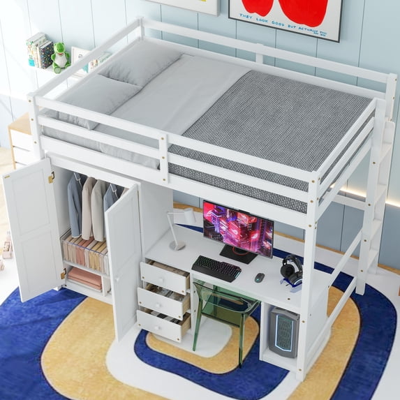 Pine Full Size Loft Bed with Wardrobe, Desk and Storage Drawers, White ...