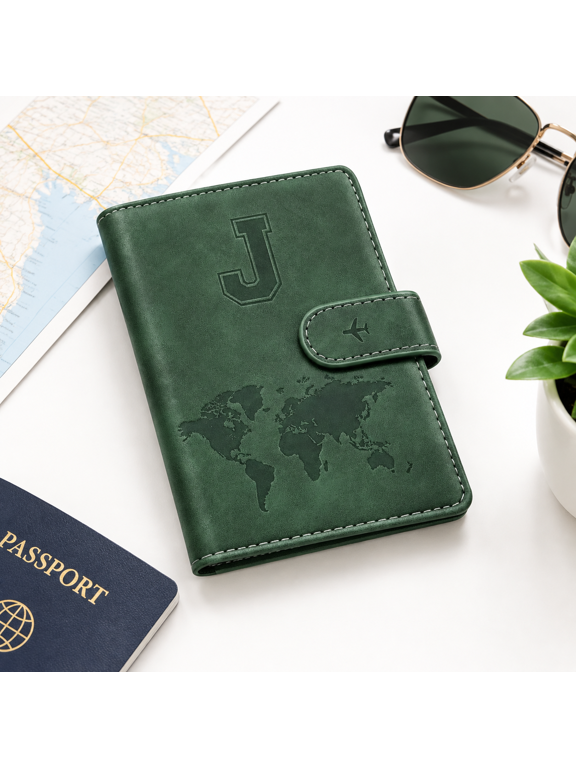 Pine Green J Initial Personalized Leather Passport Holder Travel Wallet