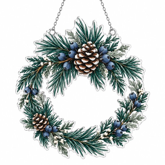 Pine Juniper Wreath Acrylic Suncatcher Ornament for Window Festive Winter