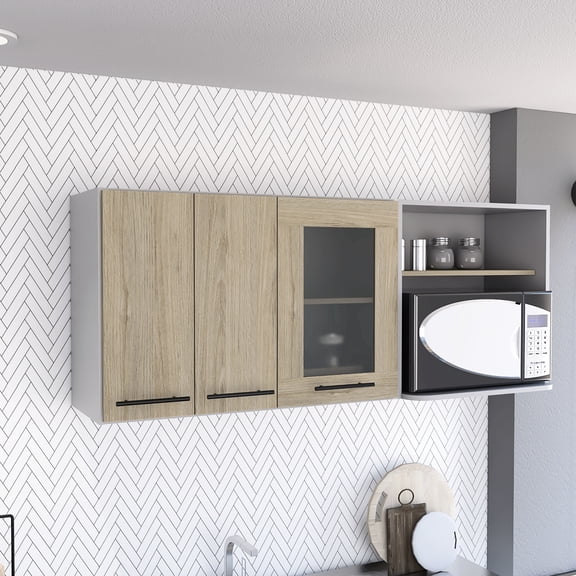 Pine Kitchen Cabinet With Double Doors And Glass, Modern Style Shelving, Easy To Build, 57.73 In. Depth X 15.36 Width 23.1 Height, 76.16 Lb Design, Shelves Included, Assemble, In Weight