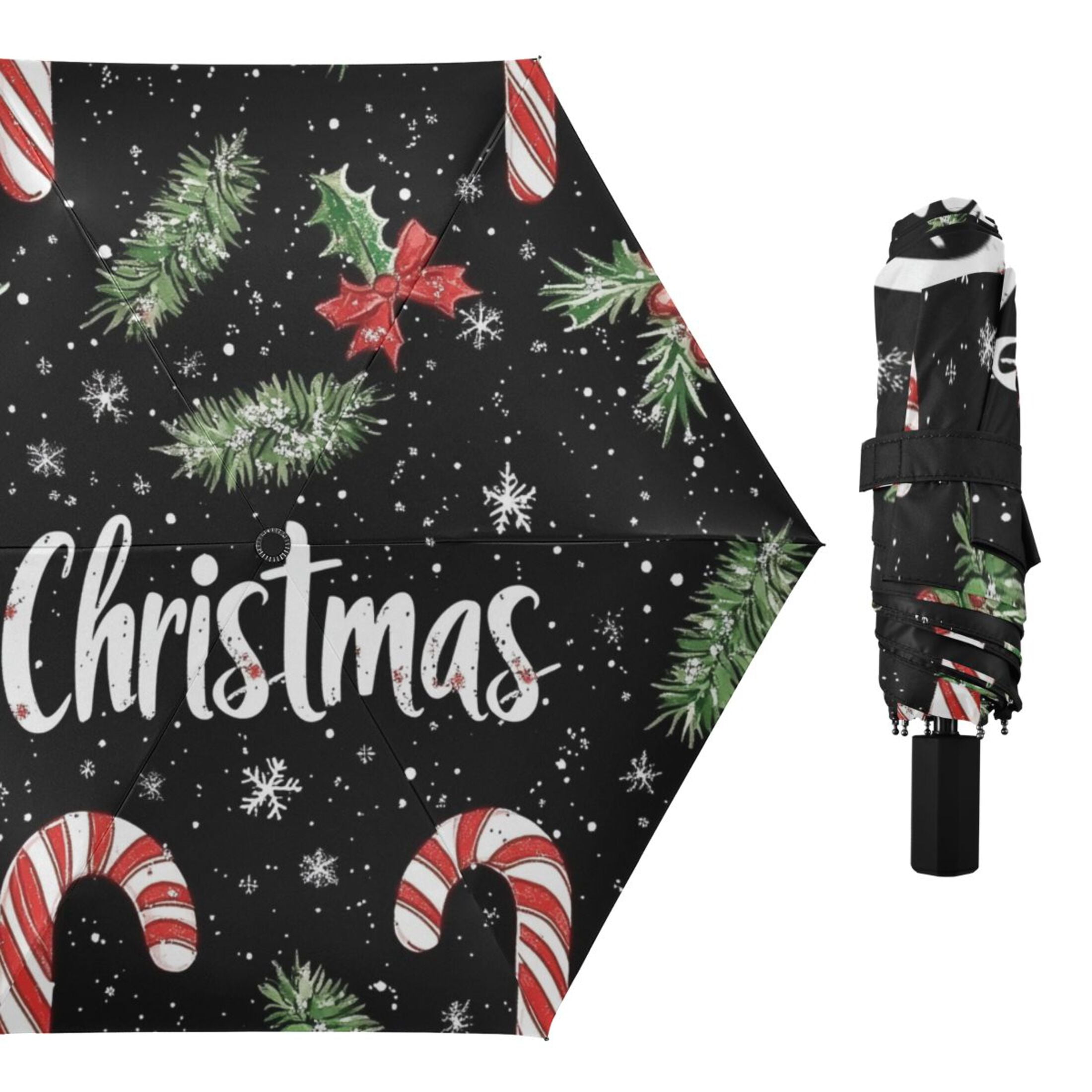 Pine Leaves Candy Canes Christmas Snowflakes All Weather Umbrella Triple Folding Parasol 6 Ribs UV Protection Portable