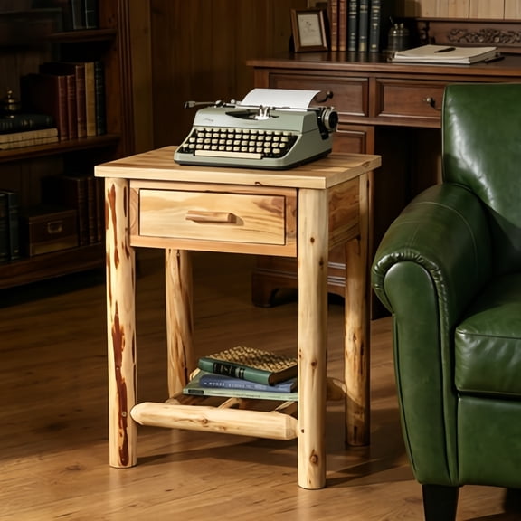 Pine Log End Table Nightstand, Rustic Natural Weathered Look Wooden Side Table with Storage Drawer for Living Room Couch, Bedroom
