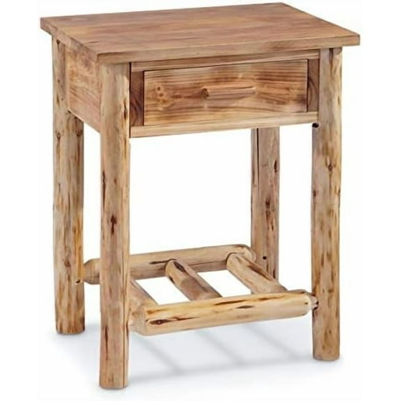 Pine Log End Table Nightstand, Rustic Natural Weathered Look Wooden Side Tables with Storage Drawer for Living Room Couch, Bedroom$$Furniture