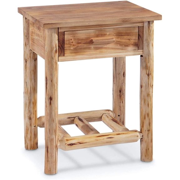 Pine Log End Table Nightstand, Rustic Natural Weathered Look Wooden Side Tables with Storage Drawer for Living Room Couch, Bedroom