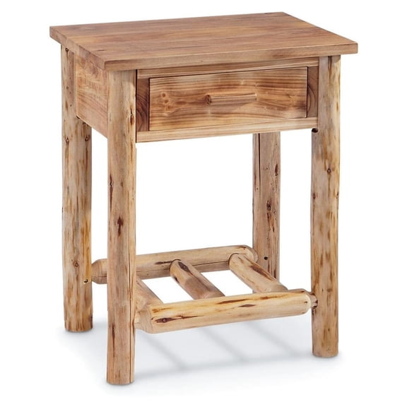 Pine Log End Table with Drawer Rustic Wooden Side Table Nightstand for Living Room Bedroom, Solid Wood Natural Weathered Finish