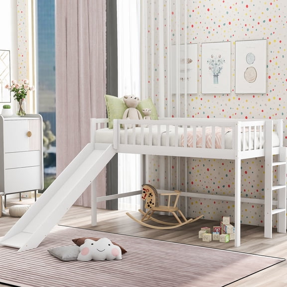 Pine & MDF Material | Low Loft Bed with Slide for Bedroom Fun, Vertical Ladder | Stable Bed for Long-Time Use