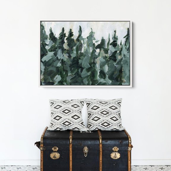 Pine Modern Cabin Artwork In Green White For Evergreen Tree Art Winter Forest Fogged Tree Line No. 2, Unframed Paper Print
