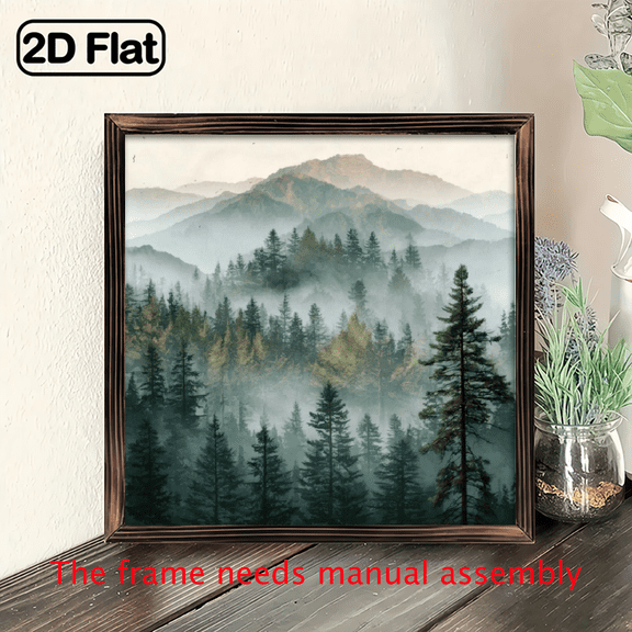 Pine Mountains in Mist Framed Wood Wall Art - Rustic Farmhouse Decor, 8x8 Inch Vintage Nature Scene with Pine Trees Misty Mountains, No Electricity Needed for Living Room, Bedroom, Entryway