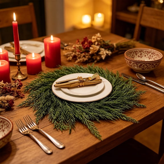 Pine Needle Placemats, Wheat Ear Table Mats, 6 Pieces Artificial Pines Centerpieces, Realistic Green Plants Plates Cover for Dining Table Decor