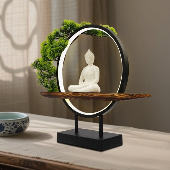 Pine Needle Round Lamp Set +14.8cm Zen Buddha Ornament -White Robe,Ceramic