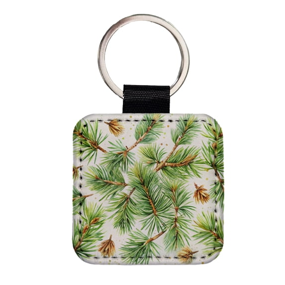 Pine Needles Watercolor Faux Leather Square Keychain