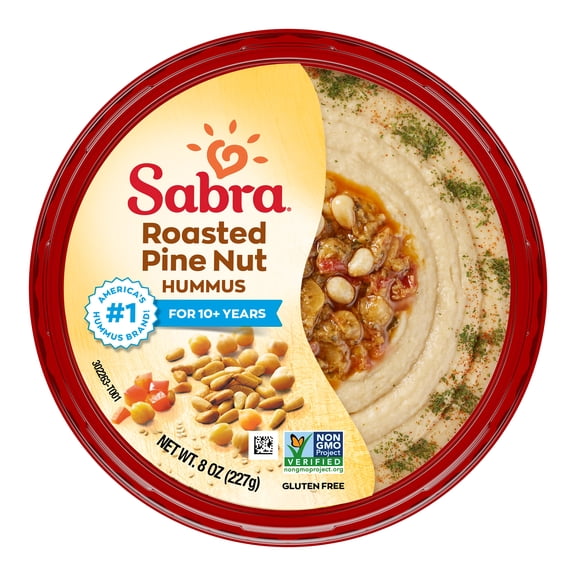Sabra Roasted Pine Nut Fresh Hummus Dip, Non-GMO, Gluten Free, Vegan Hummus Spread, 8oz Tub