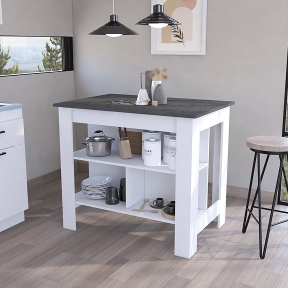 Pine Particle Board Stationary Island - Three Shelves for Storage - Kitchen Decor - Enough Space for Legs