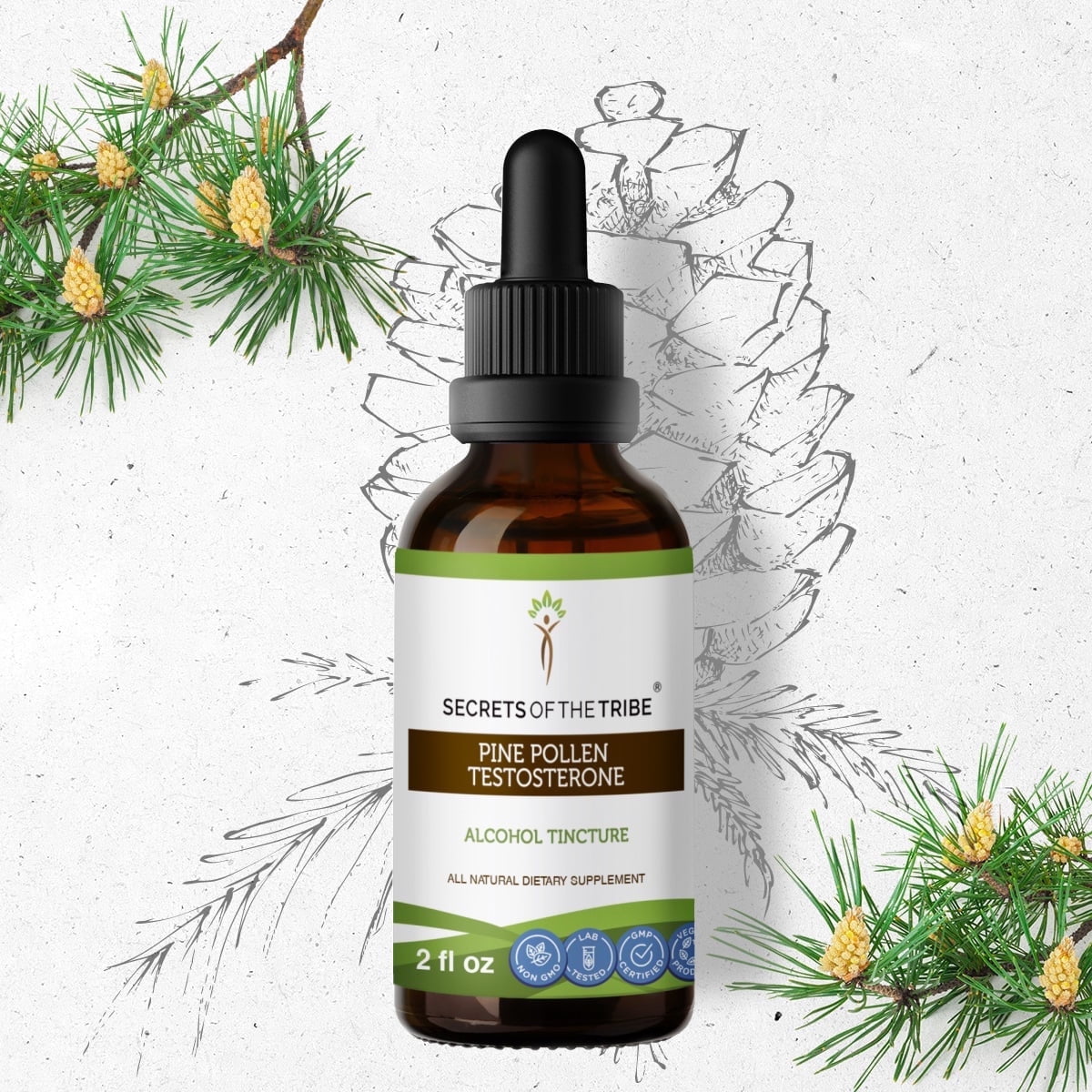 Secrets Of The Tribe Pine Pollen Testosterone Tincture Dietary Supplement, Natural Herbal Extract for Hormonal Support, Pine Pollen (Scots Pine, Pinus sylvestris) Dried Pollen, Alcohol Extract, 2 oz
