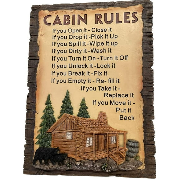 Pine Ridge Cabin Rules Plaque - Black Bear Decorations For Cabin, Cute Wall Hangings For Cabin Black Bear Decor, Funny Cabin Signs