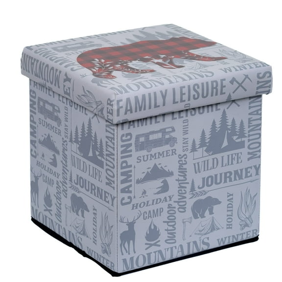 Pine Ridge Collapsible Storage Ottoman Plaid Bear - Foot Rest Stool, Folding Toy Chest, Compact Cube With Lid