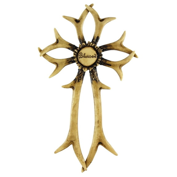 Pine Ridge Deer Antler Sheds Wall Hanging Cross Inscribed "Blessed" - Authentic Chic Natural Western Style Real Deer Antler Wall Cross Dcor