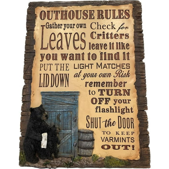 Pine Ridge Outhouse Rules Plaque - Black Bear Decorations For Cabin, Cute Wall Hangings For Cabin Black Bear Decor, Funny Cabin Signs