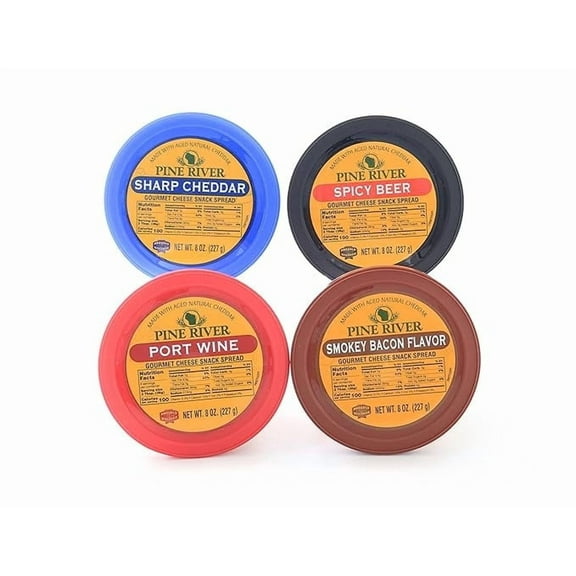 Pine River Cheese Spreads Variety 4-Pack | Sharp Cheddar, Spicy Beer, Smokey Bacon, Port Wine | (4) 8 oz tubs | SHELF-STABLE | Creamy & Flavorful Wisconsin Pub Cheese Spread