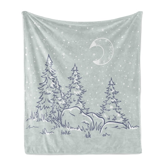 Pine Soft Flannel Fleece Throw Blanket, Tall Pine Trees and Big Rocks at Night with Moon and Stars, Cozy Plush for Indoor and Outdoor Use, 60" x 80", Sage Green Night Blue, by Ambesonne