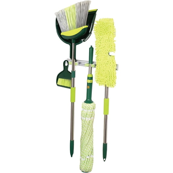 Pine-Sol Broom & Mop Floor Cleaning Set, 7 Piece Kit with Wall Mount Storage Rack, Green