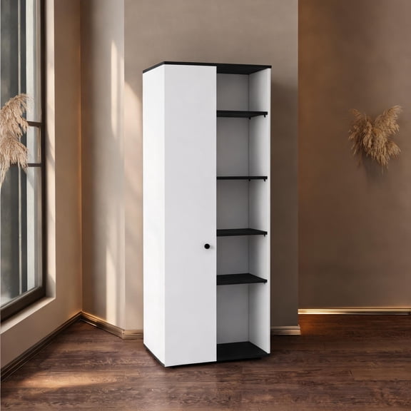 Pine Storage Cabinet with White and Matte Black Finish, 10 Shelves, Kitchen Pantry Organizer