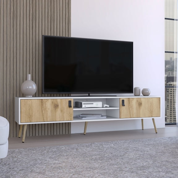 Pine TV Rack with 2 Hinged Doors for Concealed Storage in Various Rooms