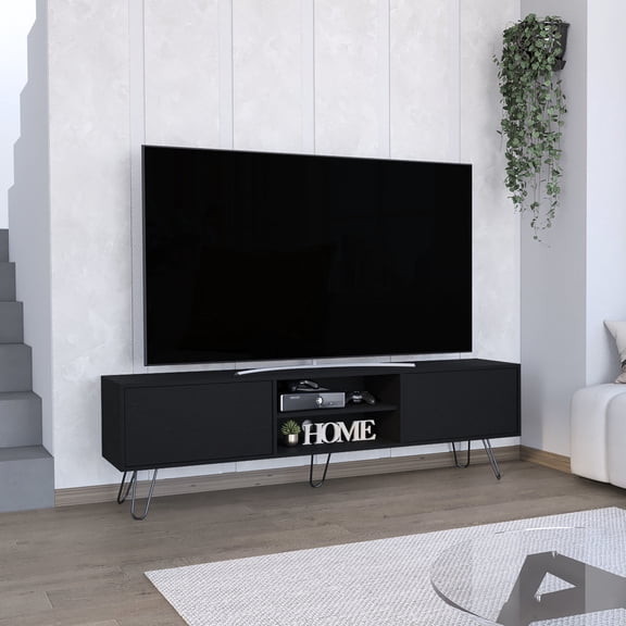 Pine TV Rack with Hinged Drawers, Stable Base / Large Surface for 55" TVs