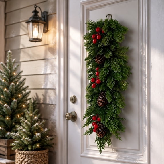 Pine Teardrop Door Swag, Plastic, 24.41 Inch, Seasonal Hanging Decor, for Wall, Mantel, Style A, Room Display Accent