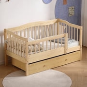 Pine Toddler Bed with Safety Side Rails & Bottom Drawer, Timeless Design for Nursery/Kids Bedroom