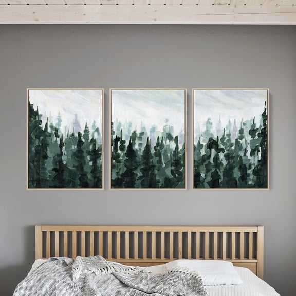 Pine Tree Art, Winter Green & White Mountain Decor Modern Triptych, "Forest Pine Tree Line Painting" Art Prints, Stretched Canvas