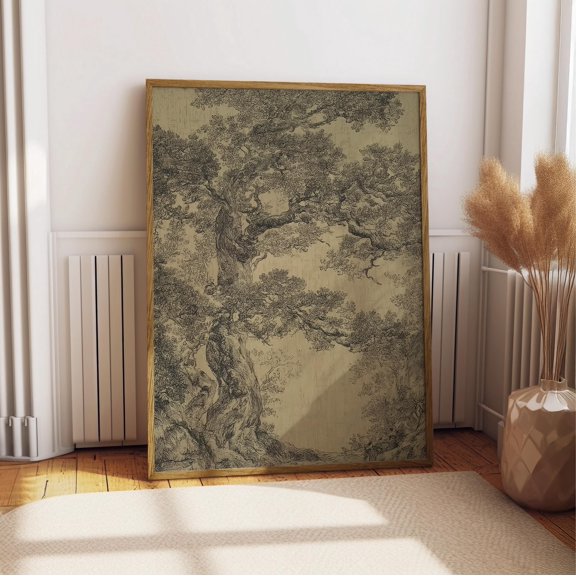 Pine Tree Artwork, Vintage Woodland Sketch Print, Ancient Japanese Inspired Nature Poster, Zen Forest Decor, Moody Botanical Wall Art, Poster Only