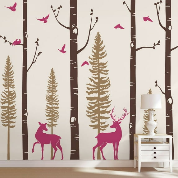 Pine Tree Birch Tree Deer Birds