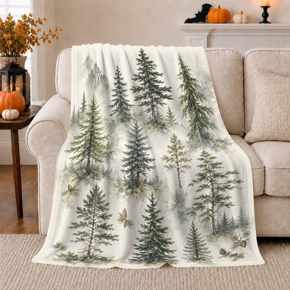 Pine Tree Botanical Mountain Forest Flannel Blanket, Cozy Watercolor Evergreen Couch Throw for Nature Lovers, Warm Bedroom Cabin Home Decor, Christmas Birthday Gift