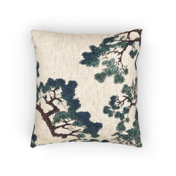 Pine Tree Branches in Deep Teal, Sage Green and Brown Decorative Woven Pillow, Cotton-Polyester Shell
