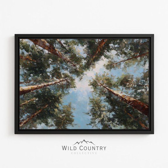 Pine Tree Canopy Blue Sky Forest Perspective For Cabin Mountain Nature Wall Art Print, Living Room And Gallery Wall Decor
