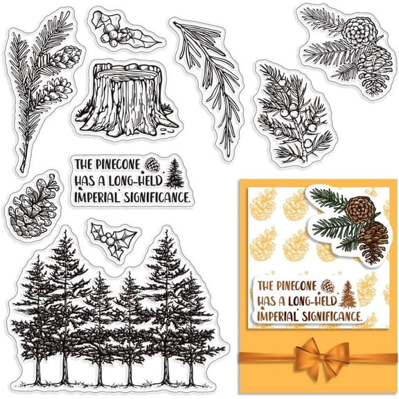 Pine Tree Clear Rubber Stamps Pine Cones Leaves Plant Word Tree Stump Transparent Vintage Postmark Silicone Seals Stamp Journaling Card Making DIY Scrapbooking Photo Album Decorative Clear