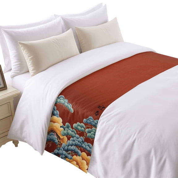 Pine Tree Cloud Bed Runner for Twin Size Bed, Japanese Style Spring Red Background Soft Bedding Scarf Bedding Protector Slipcover Sofa Throw for Bedroom Hotel Guesthouse