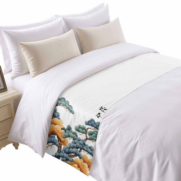 Pine Tree Cloud Bed Runner for Twin Size Bed, Japanese Style Spring White Background Soft Bedding Scarf Bedding Protector Slipcover Sofa Throw for Bedroom Hotel Guesthouse
