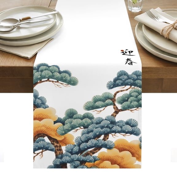 Pine Tree Cloud Cotton Linen Table Runner Japanese Style Spring White Background Dining Table Runners for Home Decor Party Dining Room Restaurant Kitchen Party 13" x 36"