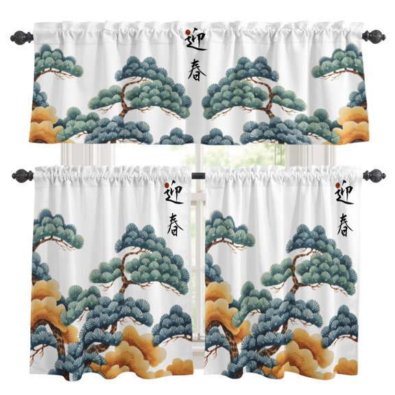 Pine Tree Cloud Kitchen Curtains Set for Windows, Japanese Style Spring White Background Curtains Valance and Tier 3 Piece Set Small Drapes 36 Inch Length for Kitchen Bedroom Decor
