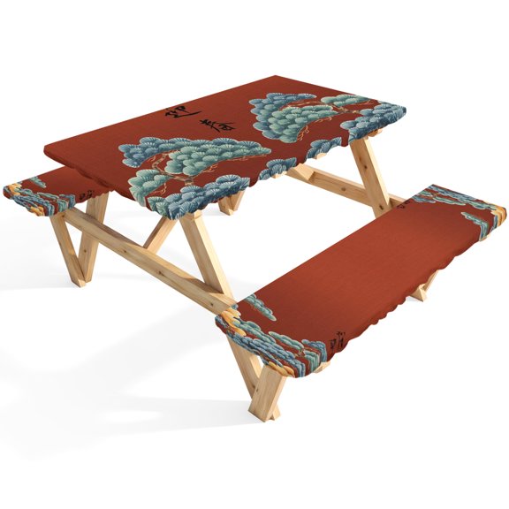 Pine Tree Cloud Picnic Table Cover with Bench Covers Japanese Style Spring Red Background Waterproof Fitted Picnic Tablecloth 3 Pieces Set Table Cloth for Outdoor Camping Garden BBQ