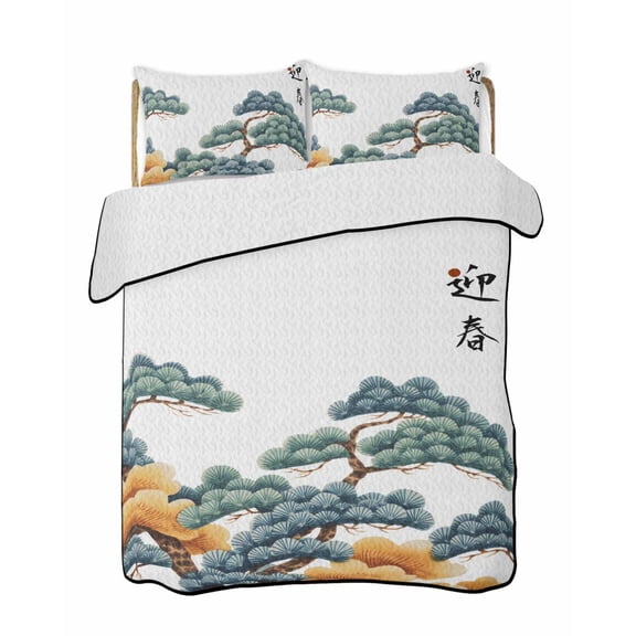 Pine Tree Cloud Quilts Bedding Set California King Japanese Style Spring White Background Lightweight Quilted Bedspread 3 Piece Bed Quilt with 2 Pillow Shams All Season for Bedroom 96" x 106"