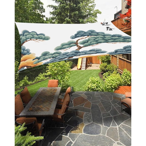 Pine Tree Cloud Sun Shade Sail 6.5'X10' Japanese Style Spring White Background UV Block Outdoor Sail Shades Breathable Waterproof Rectangular Sunshade for Patio Garden Pool Pergola Porch