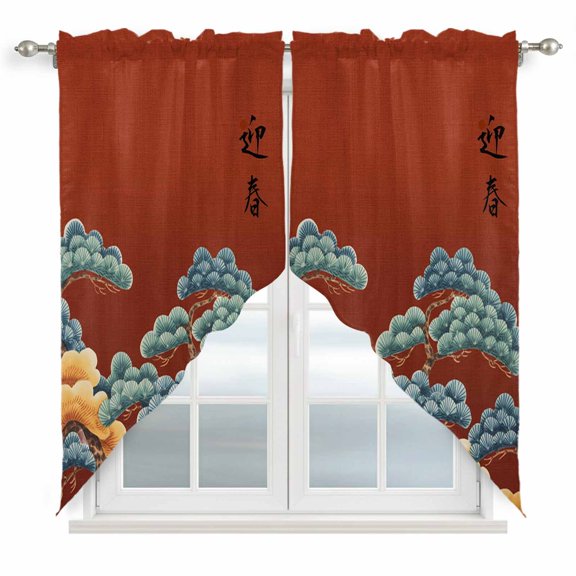 Pine Tree Cloud Swag Curtain Valance for Window 2 Panels Japanese Style Spring Red Background Rod Pocket Small Window Swag Valances for Kitchen Bedroom Bathroom 36" W x 63" L