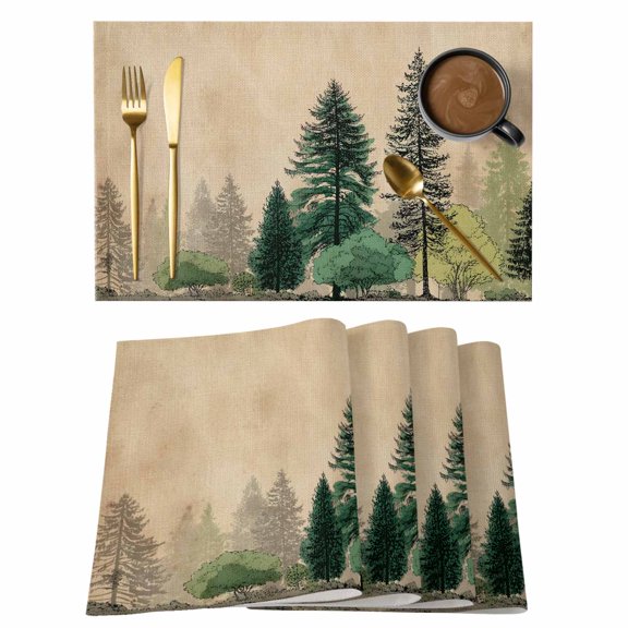 Pine Tree Cotton Linen Placemats Set of 1, Modern Green Gray Forest Botanical Brown Country Washable Table Place Mats Heat Insulating Placemat for Dining Room Kitchen Daily Use 13 x 19 Inch